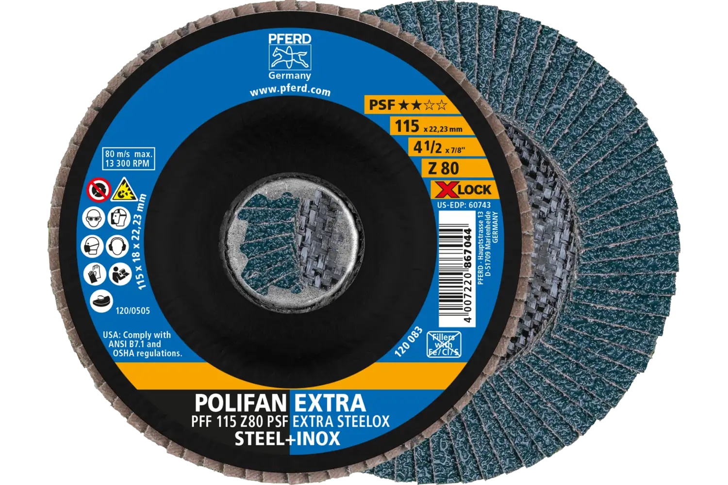 Picture of Pferd Flap Disc, 4-1/2", X-Lock, Z PSF Extra Steelox, 80 Grit, T27, Flat, Zirconia